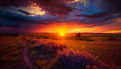 A stunning view of a vibrant sunset over a wide  Generative AI