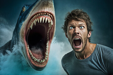 Funny selfie of a man with a megalodon jumping out of the water, AI-generated images - obrazy, fototapety, plakaty
