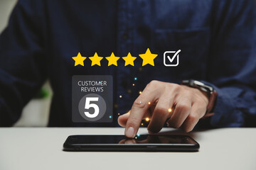 Customer satisfaction concept, Businessman using smartphone give rating to service experience...