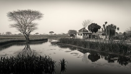 A serene view of a tranquil Andhra Pradesh village pond taken with a Leica Q2 full  Generative AI