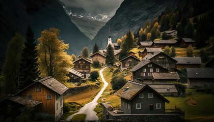 A picturesque village nestled in the Swiss Alps shot with a Canon EOS 5D Mark IV 50mm lens f/16 natural  Generative AI
