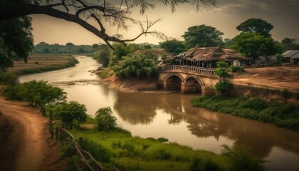 An idyllic Andhra Pradesh village with a beautiful river and bridges taken with a Panasonic Lumix S1R mirrorless camera 24  Generative AI