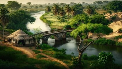 An idyllic Andhra Pradesh village with a beautiful river and bridges taken with a Panasonic Lumix S1R mirrorless camera 24  Generative AI