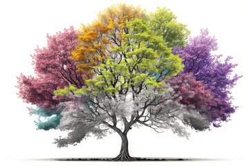 Tree with Multi Color Leaves Isolated on White Background. Generative ai.