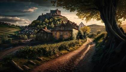 A picturesque village with a castle in the distance captured with a Nikon D6 28mm lens f/11 fairytale wide  Generative AI