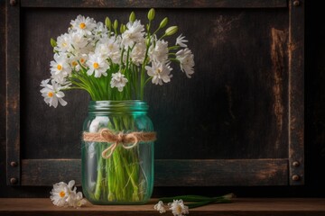 Glass Jar with White Flowers on Woden Background. Generative ai.