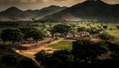 A serene view of the village fields and the surrounding hills in Andhra Pradesh captured using a Nikon D850 camera with a 24  Generative AI