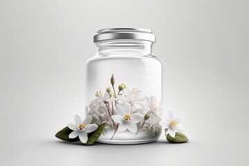 Obraz na płótnie Canvas Glass Jar with White Flowers on White Background. Generative ai.