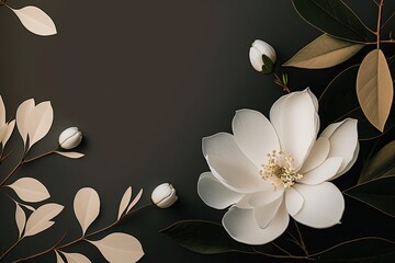 White Flower with Leaves and Copy Space for Text on Dark Background. Generative Ai.