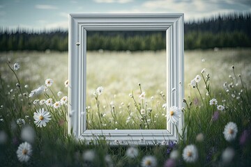Blank White Frame in the Field of Daisies. Generative ai.