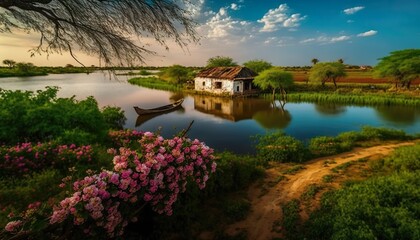 Obraz premium A picturesque view of a stunning Andhra Pradesh village with beautiful water bodies and vibrant flowers captured with a high Generative AI
