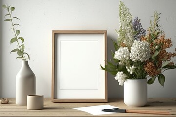 Blank Frame Mockup with Flowers in Vase on the Desk Generative Ai.