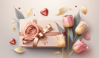 Gift Box With Flowers on White Background with Copy Space for Text. Generative AI