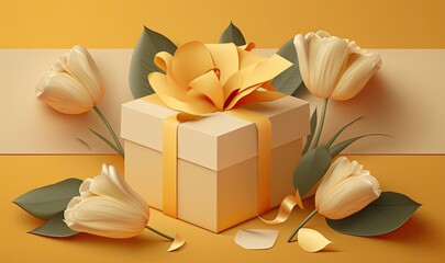 Gift Box With Flowers on Yellow Background with Copy Space for Text. Generative AI