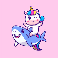 Cute Unicorn Riding Shark Cartoon Vector Icon Illustration. Animal Nature Icon Concept Isolated Premium Vector. Flat Cartoon Style © catalyststuff