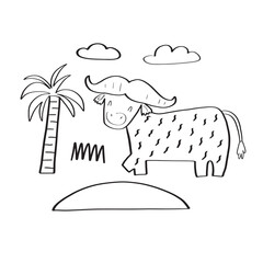 Vector illustration with a funny buffalo surrounded by tropical plants on a white background for your design