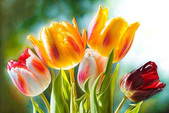 Capture the essence of spring with this image of colorful tulips in a beautiful garden in 10k