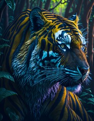 tiger with green reflections in the jungle