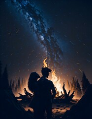silhouette of a wedding couple next to a campfire in a forest with stars in the sky