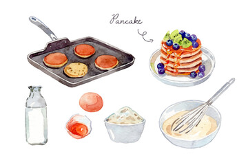 Watercolor pancake recipe with ingredients