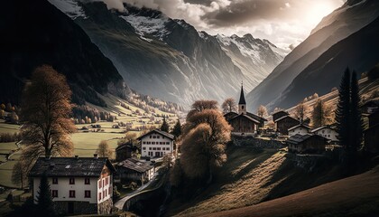 A picturesque village nestled in the Swiss Alps shot with a Canon EOS 5D Mark IV 50mm lens f/16 natural  Generative AI