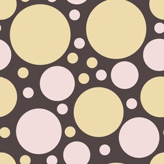 Hand drawn seamless pattern with beige brown pink geometric circles. Large abstract polka dot round shapes, minimalist mid century modern style, neutral retro vintage style, fashion fabric wrapping
