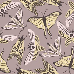 Hand drawn seamless pattern of moths butterflies in pink beige brown colors. Neutral pastel butterfly design, trendy style in faded vintage print, luna moth death head insects bugs, nature realistic