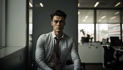 A handsome strong guy of Asian appearance is standing in a white shirt in the office. Generative AI.