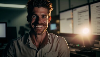 Obraz premium Picture of a smiling young man in an office, wearing a light-colored shirt. Generative AI.