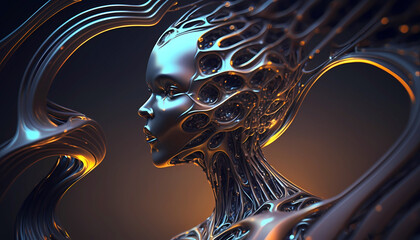 Beautiful liquid metal fractal woman on a black background. Created with generative AI.