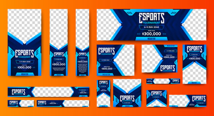 Esports Tournament Banner templates with standard size and place for photos. Online games advertising layout. Vertical, horizontal and square template
