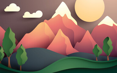 Fototapeta na wymiar Nature landscape papercut background with mountain tree and moon