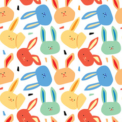 Seamless Pattern with Cartoon Rabbit Face Design on White Background