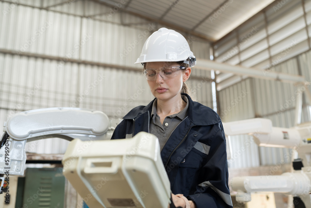 Fototapete female engineer control robot arm by remote robot control in workshop. woman technician working with