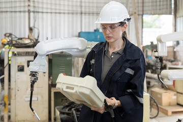 Female engineer control robot arm by remote robot control in workshop. Woman technician working...