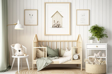 Mock up frame in children room with natural wooden furniture, Farmhouse style interior background, generative AI