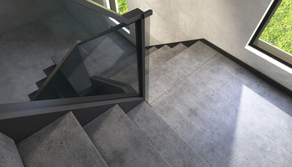 Top view of modern, elegant U shape black cement stone stair, landing staircase with window, tempered glass panel, stainless steel handrail in polished concrete wall hall. Interior background 3D