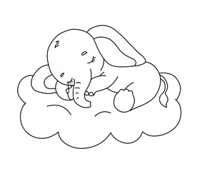 Cute dreaming baby elephant on cloud. Cartoon hand drawn vector outline illustration for coloring book. Line baby animal