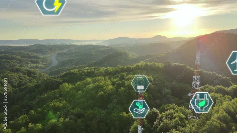 Poster aerial view of telecom towers with sustainable icons in the forest. future of communication concept.