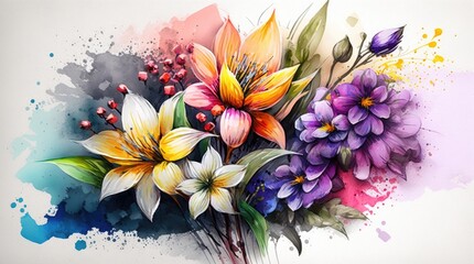 Painting of spring flowers on white background. Generative Ai.