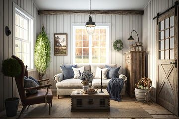 Cozy farmhouse living room interior, generative AI