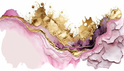 Alcohlic Ink Abstract Painting Pink and Gold on White Background. Generative AI.