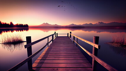 Naklejka na ściany i meble Perspective view of a wooden pier on the pond at sunset with Generative AI Technology
