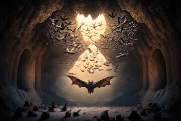 Obraz na płótnie Canvas A colony of bats in a dark cave, with their wings spread wide - Generative AI