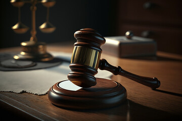 Wooden brown judge gavel on wooden table. Auction hammer on the stand. Law and legal justice system symbol. Images created with Generative AI technology