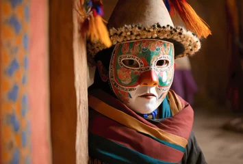 Papier Peint photo Lavable Carnaval A young boy dressed in a colorful mask, taking part in a traditional folk dance at the Paro Tshechu - Generative AI