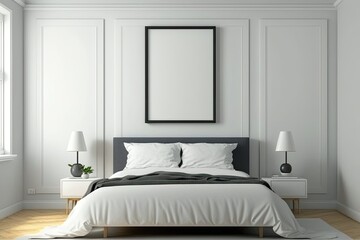 Blank Frame Mockup on Wall Above Bed. Generative Ai