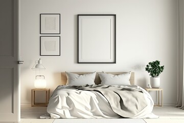 Fototapeta na wymiar Blank Frame Mockup on Wall Above Bed. Generative Ai