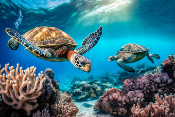 A group of sea turtles swimming in crystal clear waters, surrounded by coral reefs - Generative AI