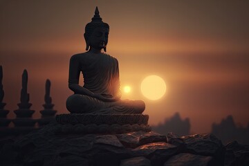 Buddha Purnima Vesak Buddha Statue at Sunset with Lotus and Candles